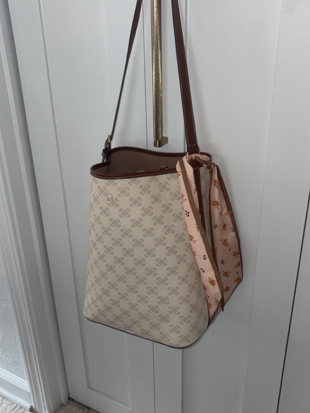 Beige Patterned Bucket Bag with Brown Trim and Pink Scarf + matching wallet bag